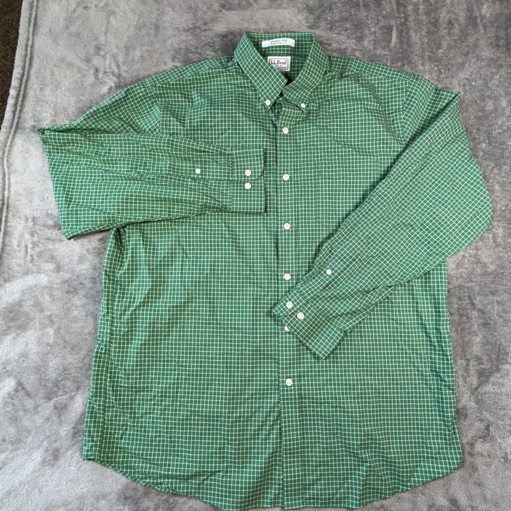 LL Bean Mens Large Green White Grid Check Wrinkle Free Traditional Fit Shirt